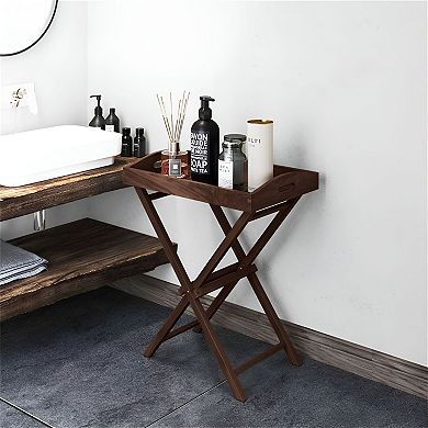 Teak Wood Folding TV Tray Table with Removable Serving Tray and Stand