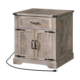 Square End Table with AC, USB, and Type-C Ports, Flip-Top Charging Station and Drawer Storage