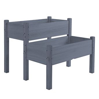Elevated Wooden Garden Bed with Drainage Holes, 2-Section Outdoor Planter Box for Herbs & Vegetables