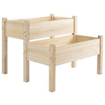 Elevated Wooden Garden Bed with Drainage Holes, 2-Section Outdoor Planter Box for Herbs & Vegetables