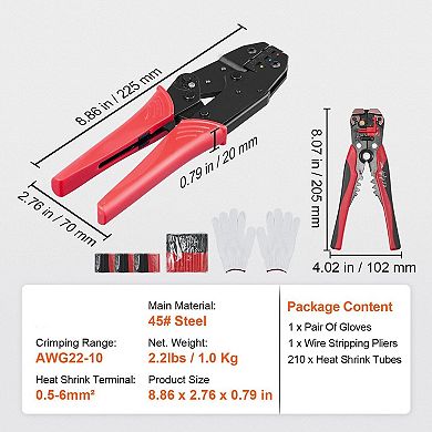 Ratcheting Wire Crimping Tool Kit with Heat Shrink Tubes and Gloves