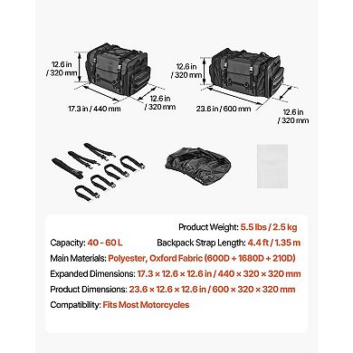Motorcycle Tail Bag Expandable with Rain Cover and Compartments