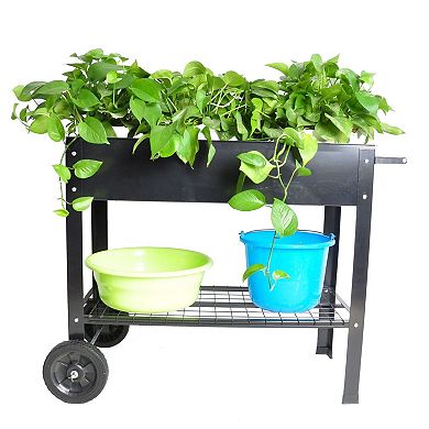 Elevated Raised Garden Bed with Drainage System, Wheels and Storage Shelf