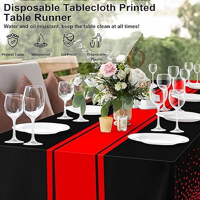 Black Tablecloth with Red Runner, Disposable Party Cover