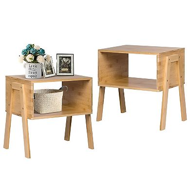 Set of 2 Nightstand Table with 2 Drawers and Open Storage, Small Space Bedside Furniture