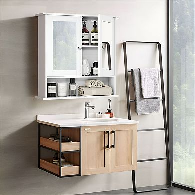 Bathroom Mirror Cabinet Wall Mount with Adjustable Shelf and Open Storage