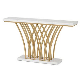 Entryway Console Table with Geometric Base, Faux Marble Hallway Sofa Table
