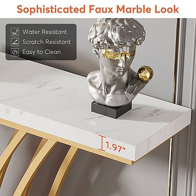 Entryway Console Table with Geometric Base, Faux Marble Hallway Sofa Table