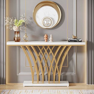 Entryway Console Table with Geometric Base, Faux Marble Hallway Sofa Table