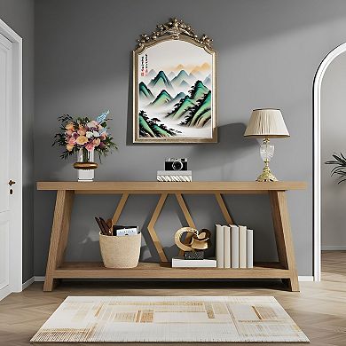 Narrow Sofa Table with Open Shelves, Wood and Metal Console Table