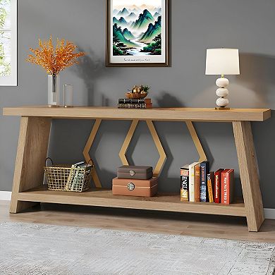 Narrow Sofa Table with Open Shelves, Wood and Metal Console Table