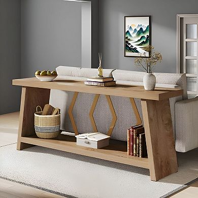 Narrow Sofa Table with Open Shelves, Wood and Metal Console Table