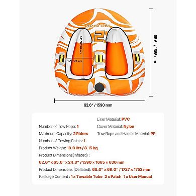 Inflatable 2-Person Towable Water Tube with Dual Seats and Padded Handles