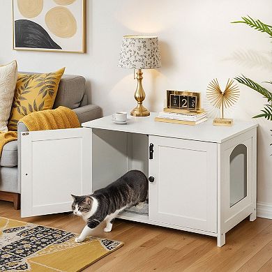 Indoor Cat Litter Box Enclosure Furniture with Divider and Double Doors