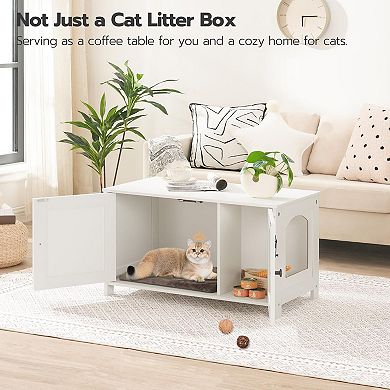 Indoor Cat Litter Box Enclosure Furniture with Divider and Double Doors
