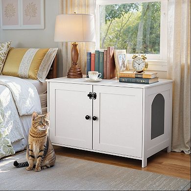 Indoor Cat Litter Box Enclosure Furniture with Divider and Double Doors