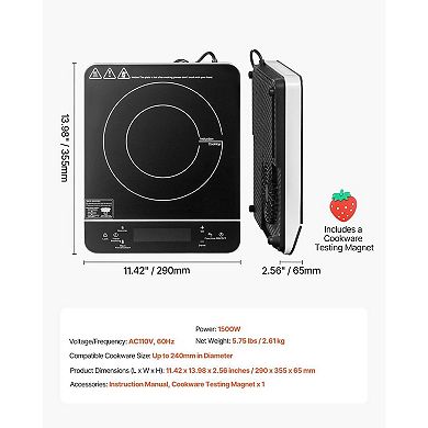 Portable 1500W Induction Cooktop with 9 Heat Levels and 4-Hour Timer
