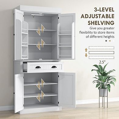 Tall Storage Cabinet with LED Light, Adjustable Shelves and Pull Drawer