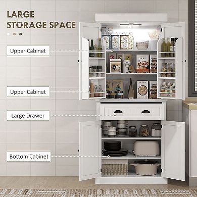Tall Storage Cabinet with LED Light, Adjustable Shelves and Pull Drawer