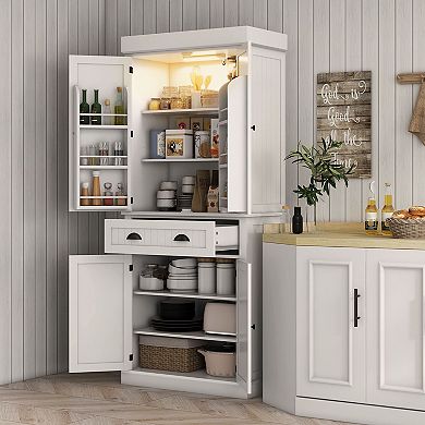 Tall Storage Cabinet with LED Light, Adjustable Shelves and Pull Drawer