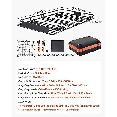 Universal Roof Rack Cargo Basket with Waterproof Bag Net Straps and Lock