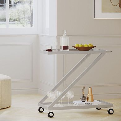 Z-Frame Bar Cart with Glass Shelves and Rolling Locking Casters