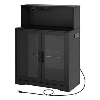 Wine Cabinet with 6 Glass Holders, LED Lighting, Adjustable Shelf, and USB/AC Charging Ports