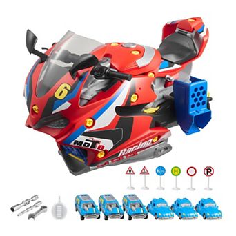 Kids Motorcycle Mechanic Toy with 25 Parts, Tools, Lights, Sounds, and Racing Track