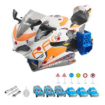 Kids Motorcycle Mechanic Toy with 25 Parts, Tools, Lights, Sounds, and Racing Track