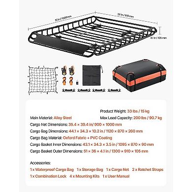 Roof Rack Cargo Carrier Adjustable Steel Basket with Cargo Bag Net and Straps