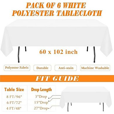 White Polyester Tablecloth 6-Pack " Wrinkle-Resistant Washable Cover