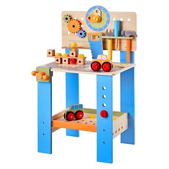 Kids Wooden Workbench with Hammer, Screwdriver, Wrench, Saw and Puzzle Blocks