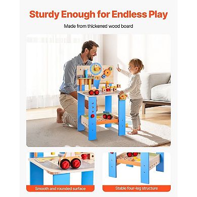 Kids Wooden Workbench with Hammer, Screwdriver, Wrench, Saw and Puzzle Blocks