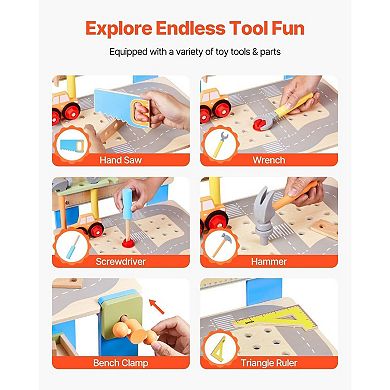 Kids Wooden Workbench with Hammer, Screwdriver, Wrench, Saw and Puzzle Blocks