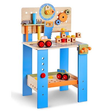 Kids Wooden Workbench with Hammer, Screwdriver, Wrench, Saw and Puzzle Blocks