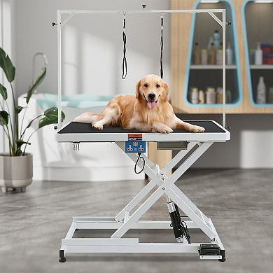Electric Height Adjustable Pet Grooming Table for Medium Pets with Wide Top and Tool Hooks