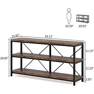55-Inch Console Table with 3 Shelves, Narrow Sofa Table for Entryway or Living Room, Rustic Brown