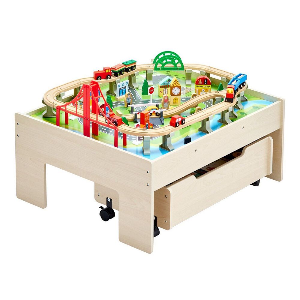 Kids Wooden Train Table with Rolling Storage Drawers and Tracks