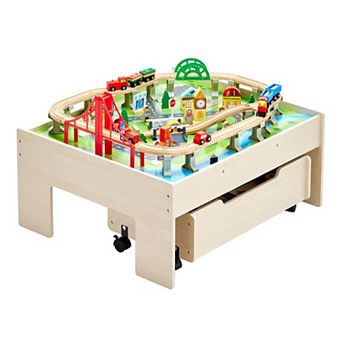 Kids Wooden Train Table with Rolling Storage Drawers and Tracks