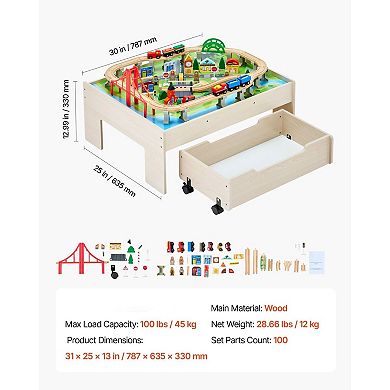 Kids Wooden Train Table with Rolling Storage Drawers and Tracks