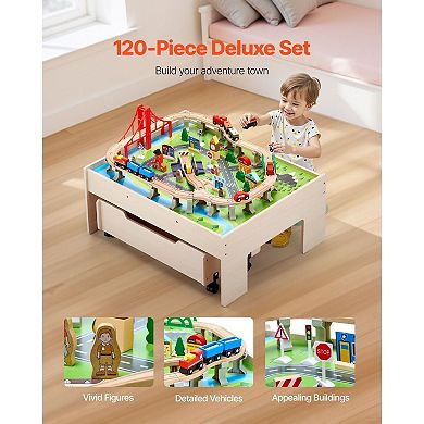 Kids Wooden Train Table with Rolling Storage Drawers and Tracks