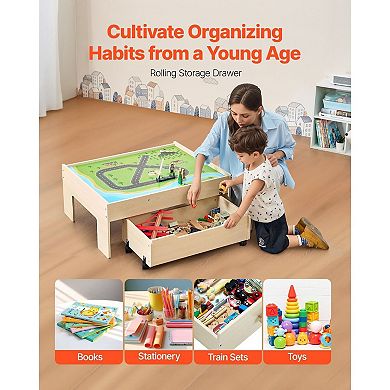 Kids Wooden Train Table with Rolling Storage Drawers and Tracks