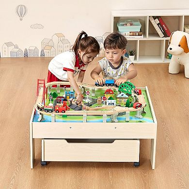 Kids Wooden Train Table with Rolling Storage Drawers and Tracks