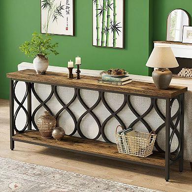 Extra Long Entryway Table with Open Shelf, Wood and Metal Sofa Table