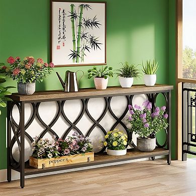 Extra Long Entryway Table with Open Shelf, Wood and Metal Sofa Table