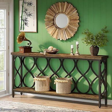 Extra Long Entryway Table with Open Shelf, Wood and Metal Sofa Table