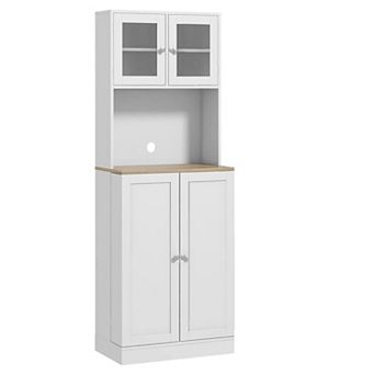 Slim Pantry Storage Cabinet with Glass Doors, Adjustable Shelves and Countertop