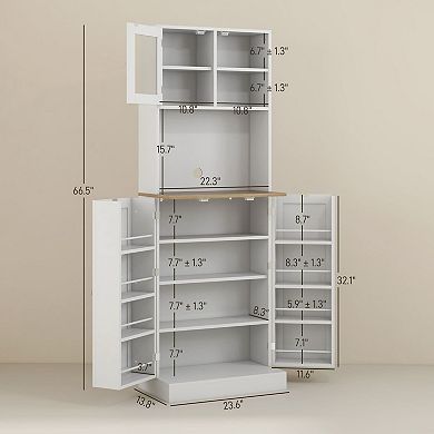 Slim Pantry Storage Cabinet with Glass Doors, Adjustable Shelves and Countertop