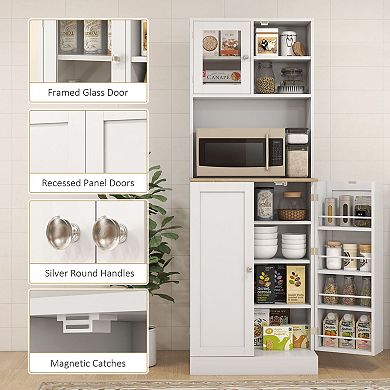 Slim Pantry Storage Cabinet with Glass Doors, Adjustable Shelves and Countertop