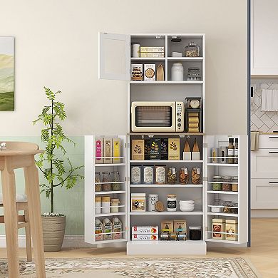 Slim Pantry Storage Cabinet with Glass Doors, Adjustable Shelves and Countertop